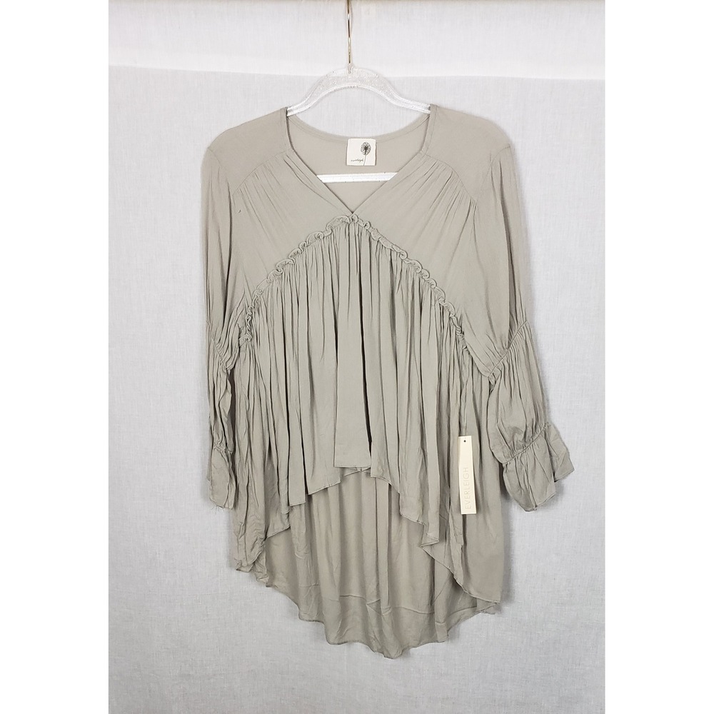 Everleigh Taupe Grey V-Neck High-Low Peplum Ruffle Tunic Top Boho Earthy - Picture 2 of 9
